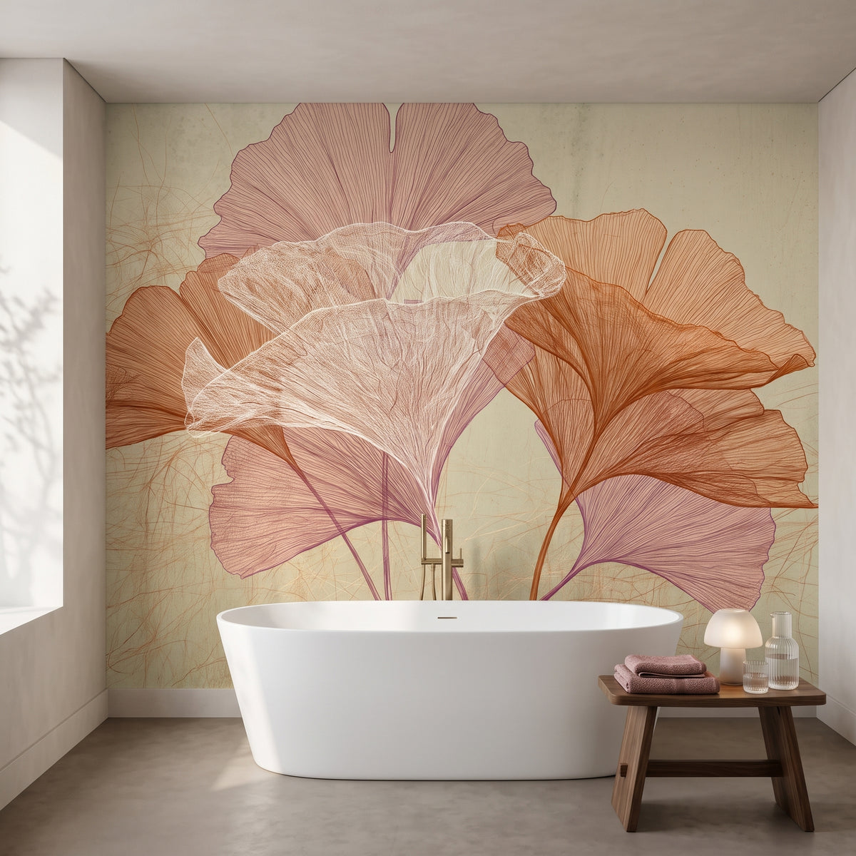 ROSEHIP en una ambientación de baño en un edificio de Amberes, con una bañera oval exenta y un taburete de nogal delante