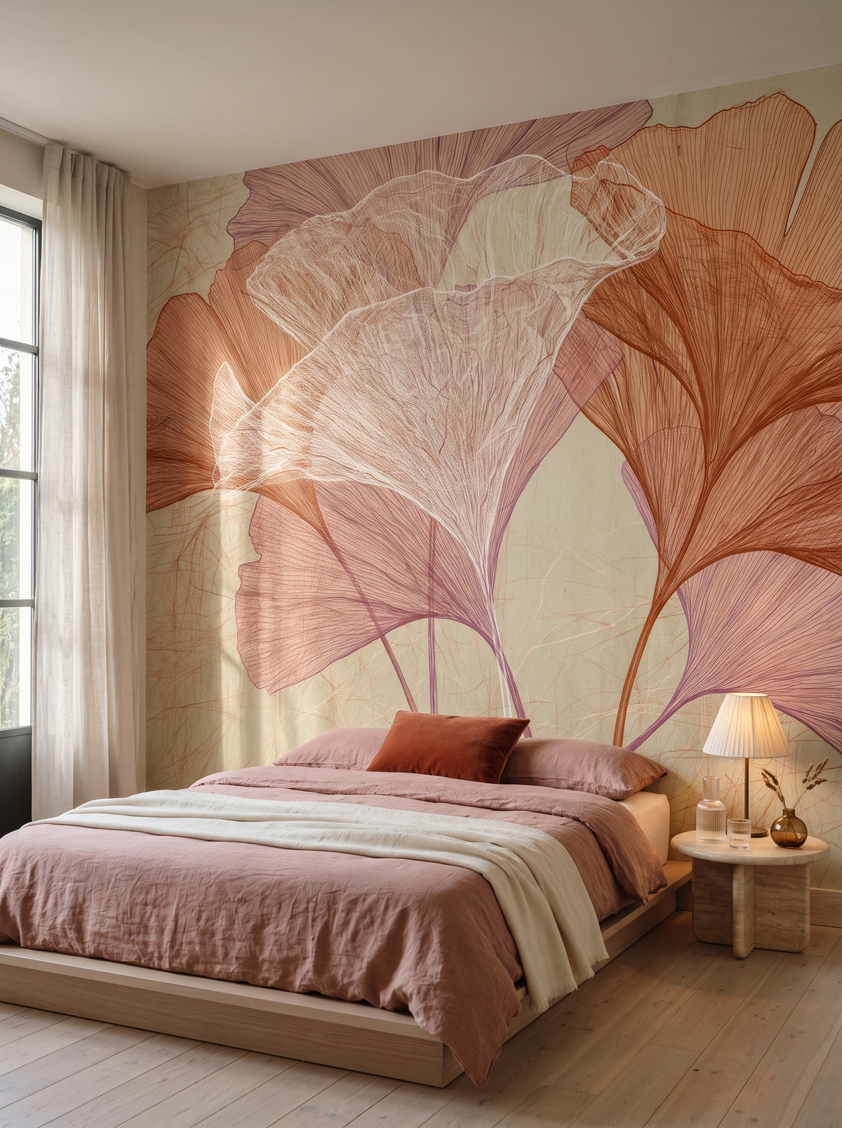ROSEHIP en una ambientación de dormitorio en una villa de Biarritz, con una cama baja con ropa de cama rosa y una mesita de travertino delante