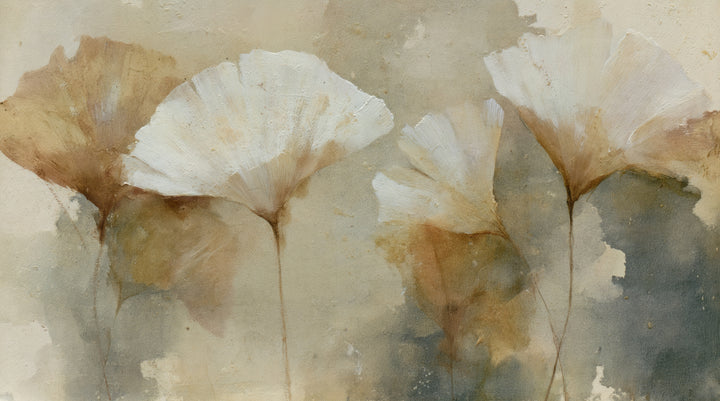 RUSSET LIMEWASH – the full design: four large ginkgo leaves in white and cinnamon above watercolour patches of ochre