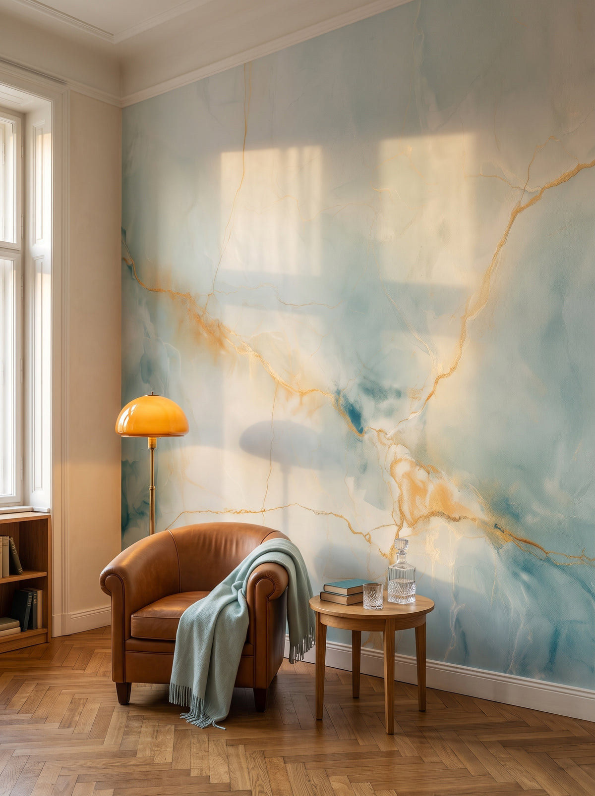SAFFRON THREAD en una ambientación de sala de lectura en un piso vienés, tras un sillón club de cuero y una lámpara con pantalla ámbar
