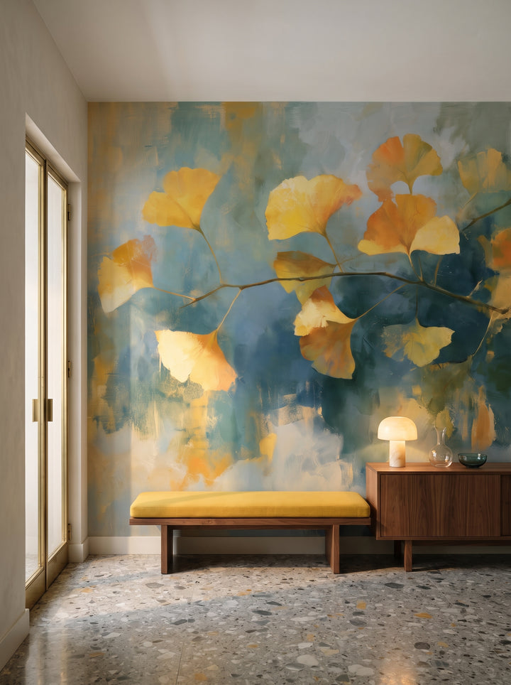 SAFFRON TWIG in a hall setting in a 1930s Milan apartment, with a low walnut bench and a chest of drawers with a lamp in front of the wall