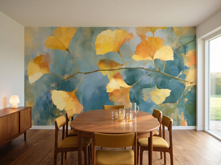 SAFFRON TWIG in a dining room setting in a modernist villa near Copenhagen, with an oval teak table and ochre chairs in front of the wall