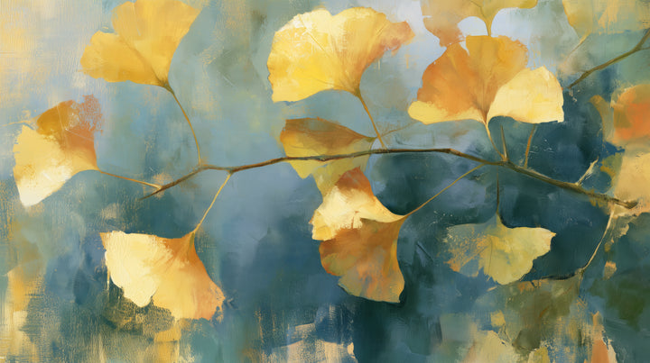 SAFFRON TWIG – the full design: a ginkgo twig with saffron and orange leaves on a grey-blue and navy background