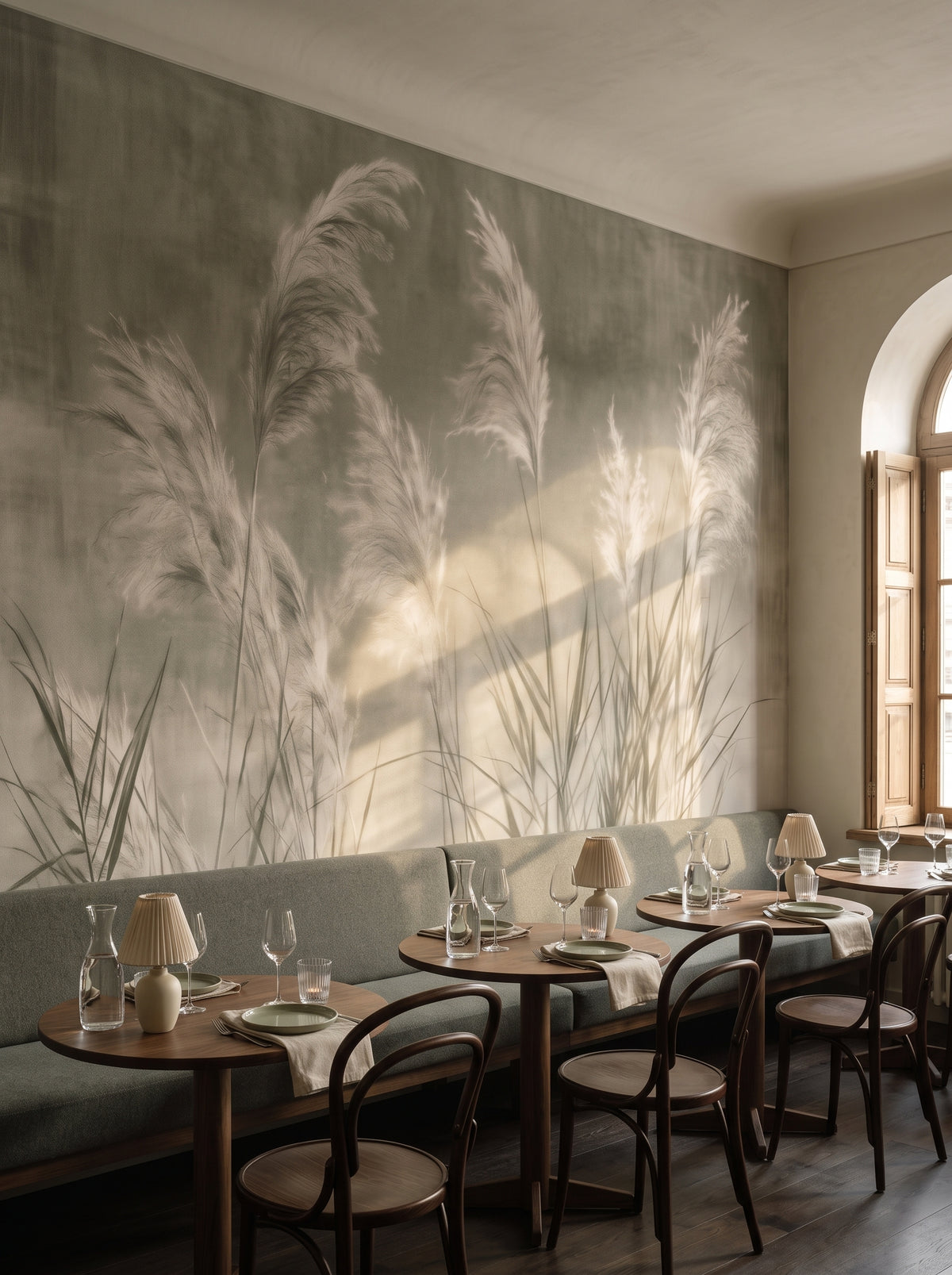 SAGE NOCTURNE in un'ambientazione di ristorante in un antico palazzo, con lunga panca in lana e tavolini rotondi davanti alla parete