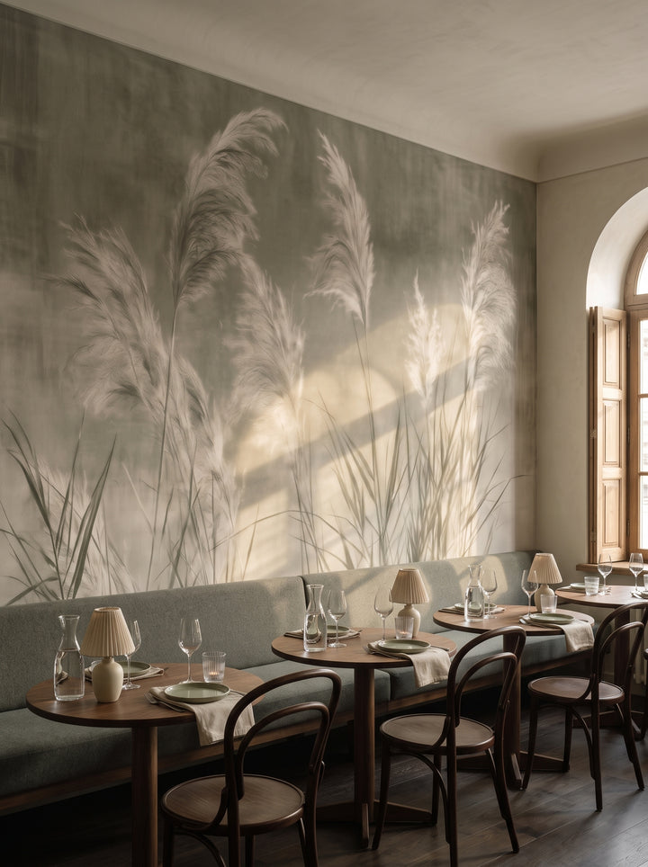 SAGE NOCTURNE w aranżacji restauracji w starej kamienicy, z długą wełnianą ławą i okrągłymi stolikami przed ścianą