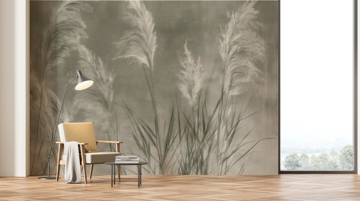 SAGE NOCTURNE sull'intera parete di un soggiorno luminoso – le pannocchie color crema si innalzano sopra poltrona e lampada