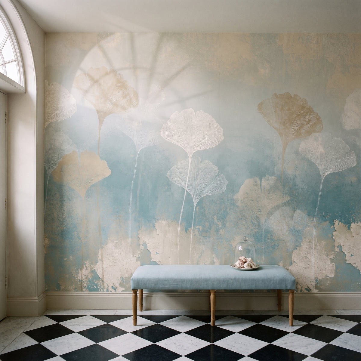 SALT AIR mis en scène dans le hall d'un immeuble géorgien à Dublin, devant le mur un banc recouvert de lin bleu