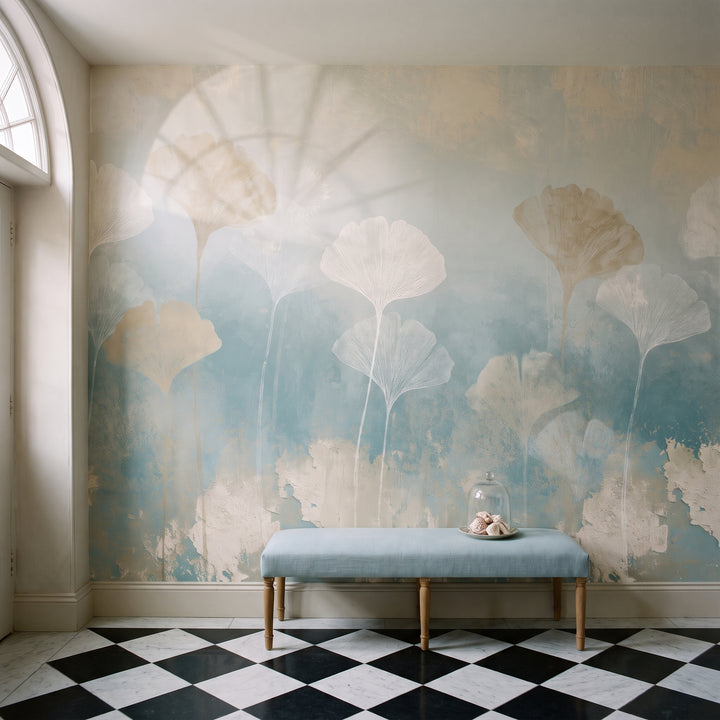 SALT AIR mis en scène dans le hall d'un immeuble géorgien à Dublin, devant le mur un banc recouvert de lin bleu