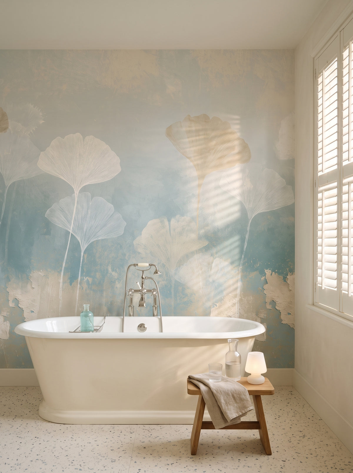 SALT AIR mis en scène dans la salle de bain d'une villa en bord de mer à Biarritz, devant le mur une baignoire en fonte et un tabouret en chêne