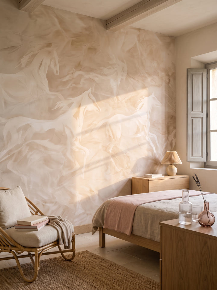 SAND MIRAGE en una ambientación de habitación de adolescente: siluetas blancas de caballos sobre una cama baja con lino arena, un sillón de ratán y una cómoda