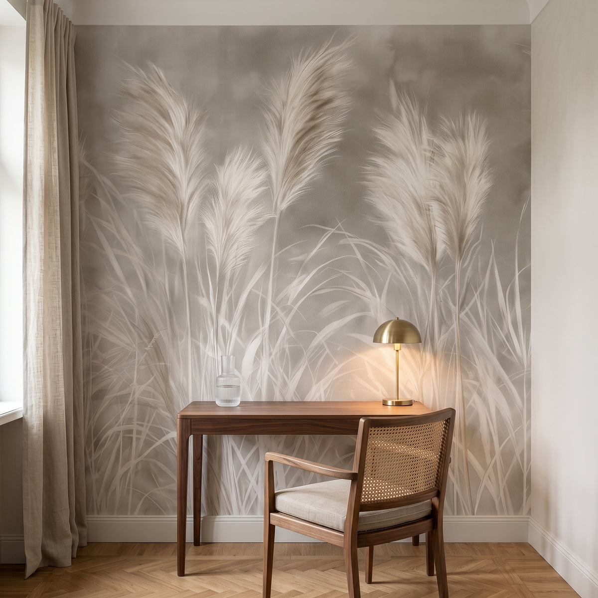SAND RUSTLE w aranżacji gabinetu w apartamencie w Rydze, przed ścianą orzechowe biurko z mosiężną lampką