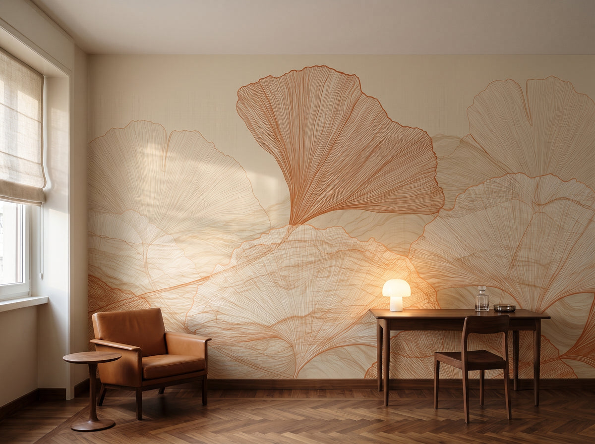 SANDSTONE STRATA w aranżacji gabinetu w mediolańskim apartamencie, przed ścianą orzechowe biurko i skórzany fotel