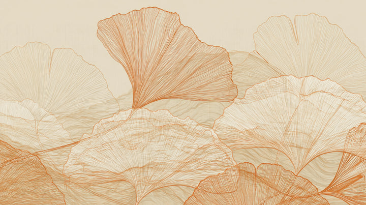 SANDSTONE STRATA – il motivo intero: foglia di ginkgo ruggine sopra strati di foglie crema su fondo chiaro con texture di lino