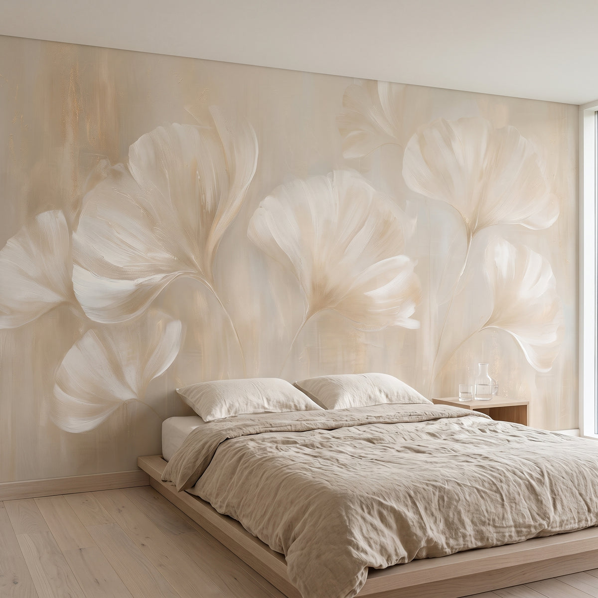 SATIN SWAY in a bedroom setting in a modernist villa near Oslo, with a low bed in whitewashed oak in front of the wall