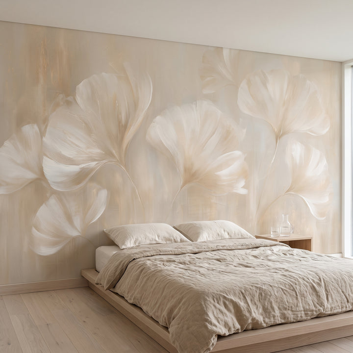 SATIN SWAY in a bedroom setting in a modernist villa near Oslo, with a low bed in whitewashed oak in front of the wall