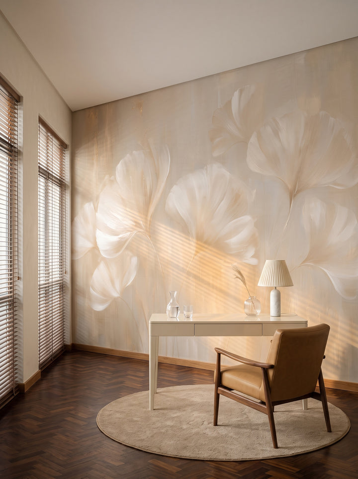 SATIN SWAY in a study setting in a 1950s Brazilian apartment, with a cream desk and a caramel leather armchair in front of the wall
