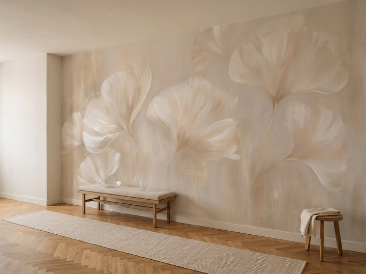 SATIN SWAY in a long corridor setting in a pre-war townhouse in Warsaw, with a low oak bench in front of the wall