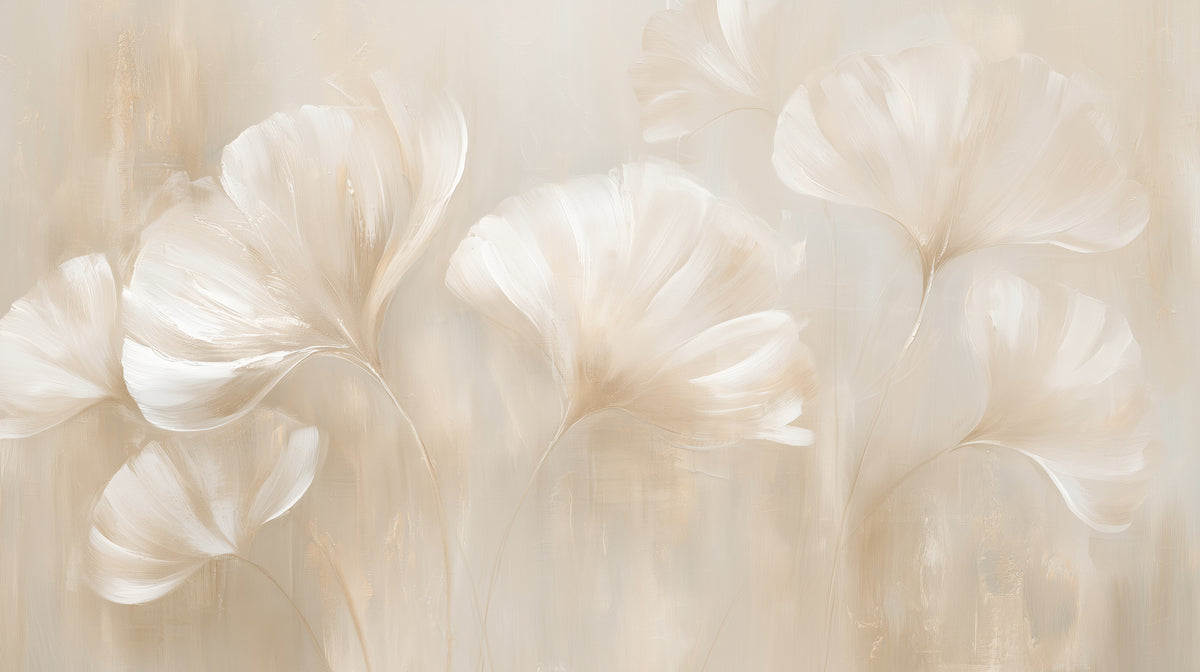 Pattern preview: SATIN SWAY – the full design: white ginkgo leaves with curled edges on a beige background with vertical streaks