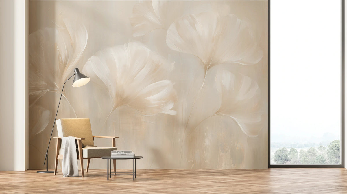 SATIN SWAY across the whole wall of a living room with a panoramic window – large leaves above an armchair, a floor lamp and a table