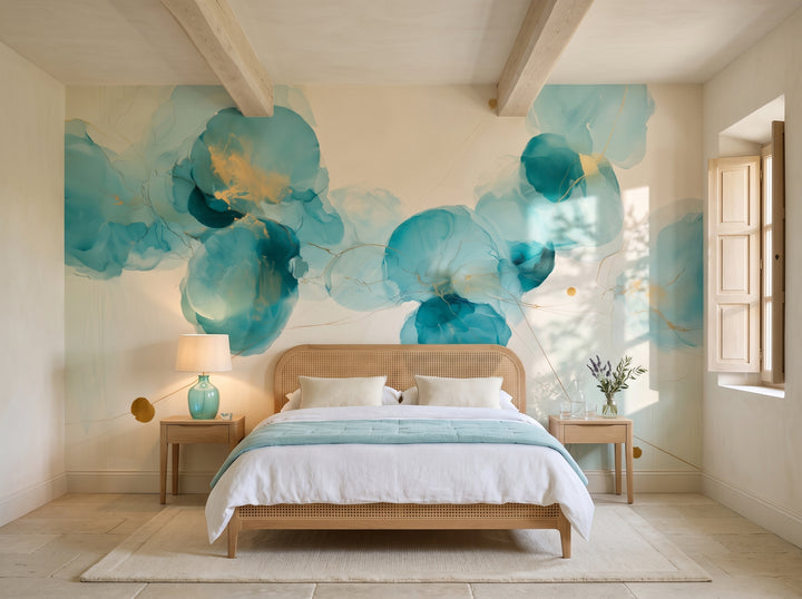 SEA GLASS GARLAND w aranżacji sypialni: wzór na całej ścianie nad łóżkiem z plecionym zagłówkiem i dwoma stolikami nocnymi