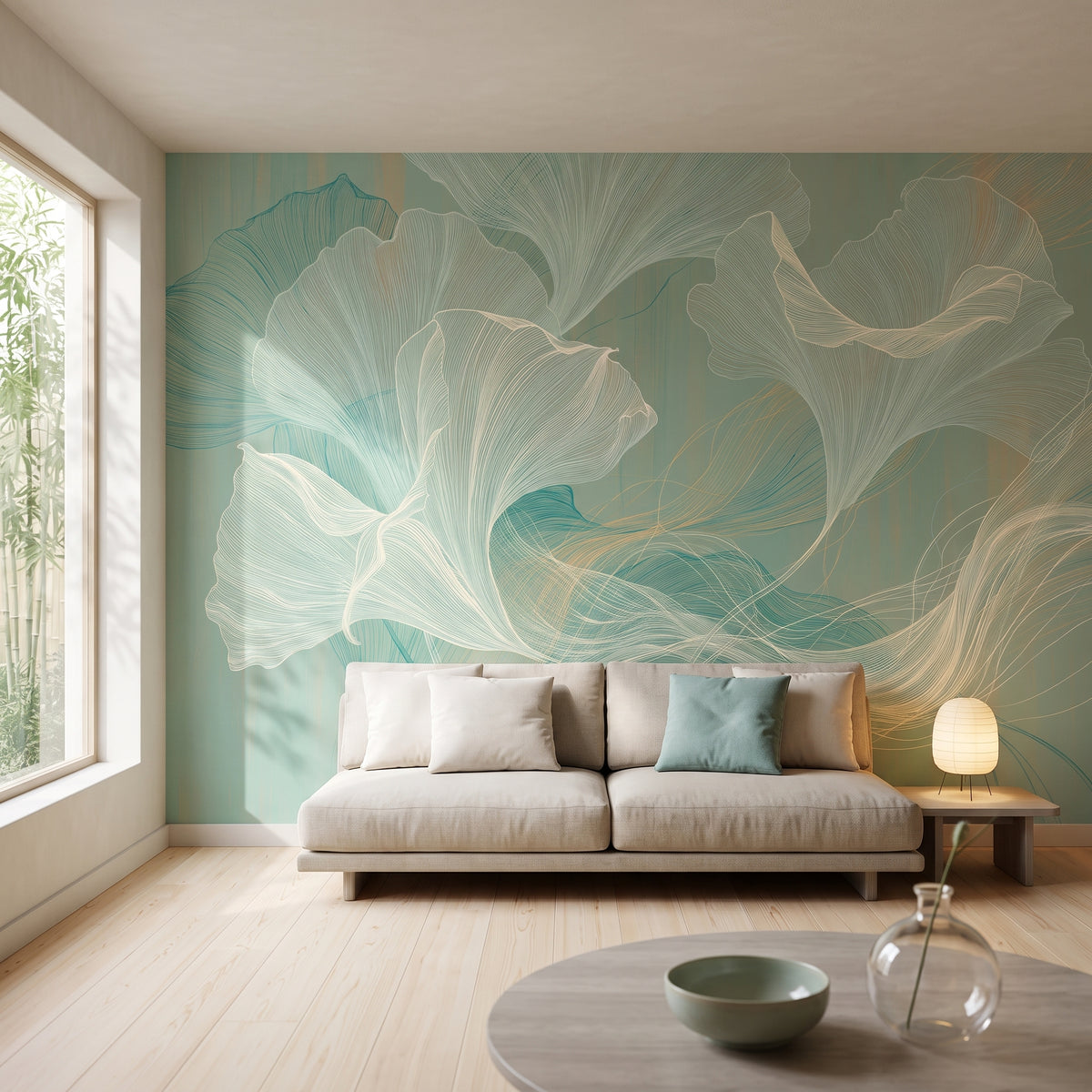 SEAFOAM EDDY w aranżacji salonu w domu w Kioto, przed ścianą niska lniana sofa i jesionowy stolik