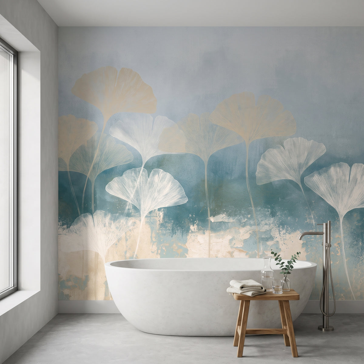 SEAWALL mis en scène dans la salle de bain d'une maison-spa au bord d'un fjord, devant le mur une baignoire îlot en pierre et un tabouret en teck