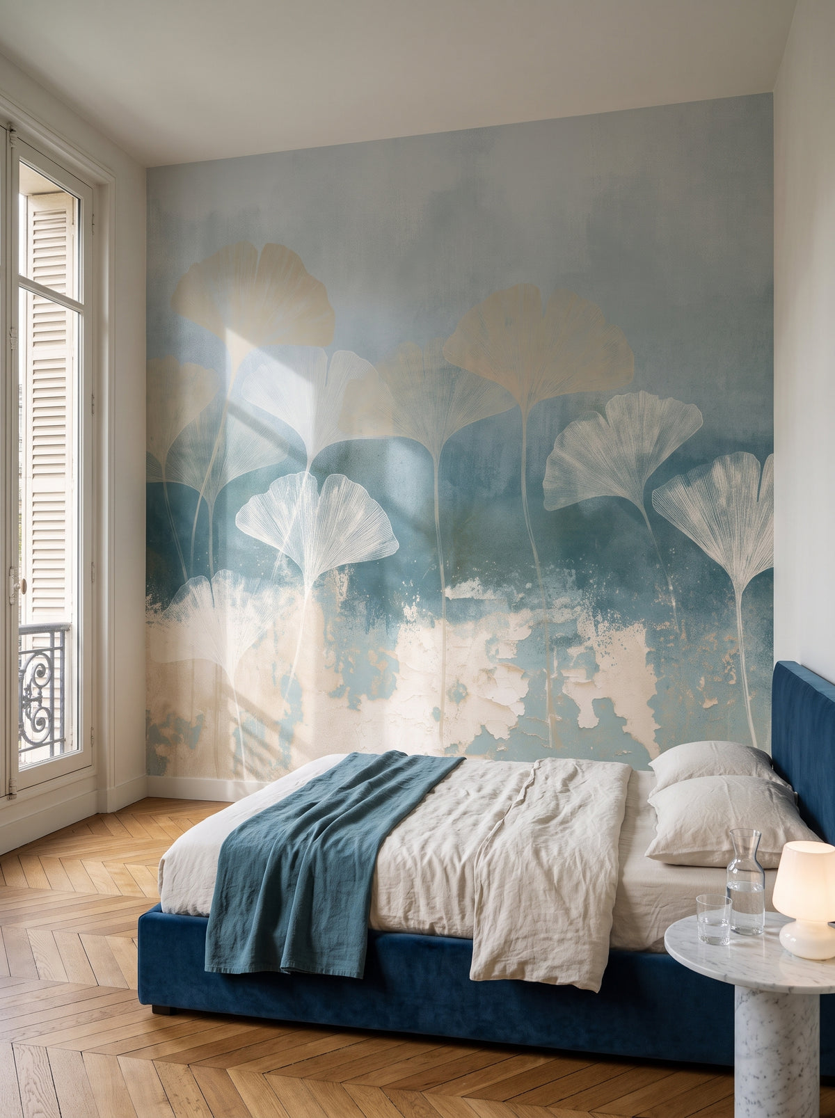 SEAWALL als Raumgestaltung eines Schlafzimmers in einem Pariser Altbau, davor ein Bett mit marineblauem Samtkopfteil und ein Marmortisch