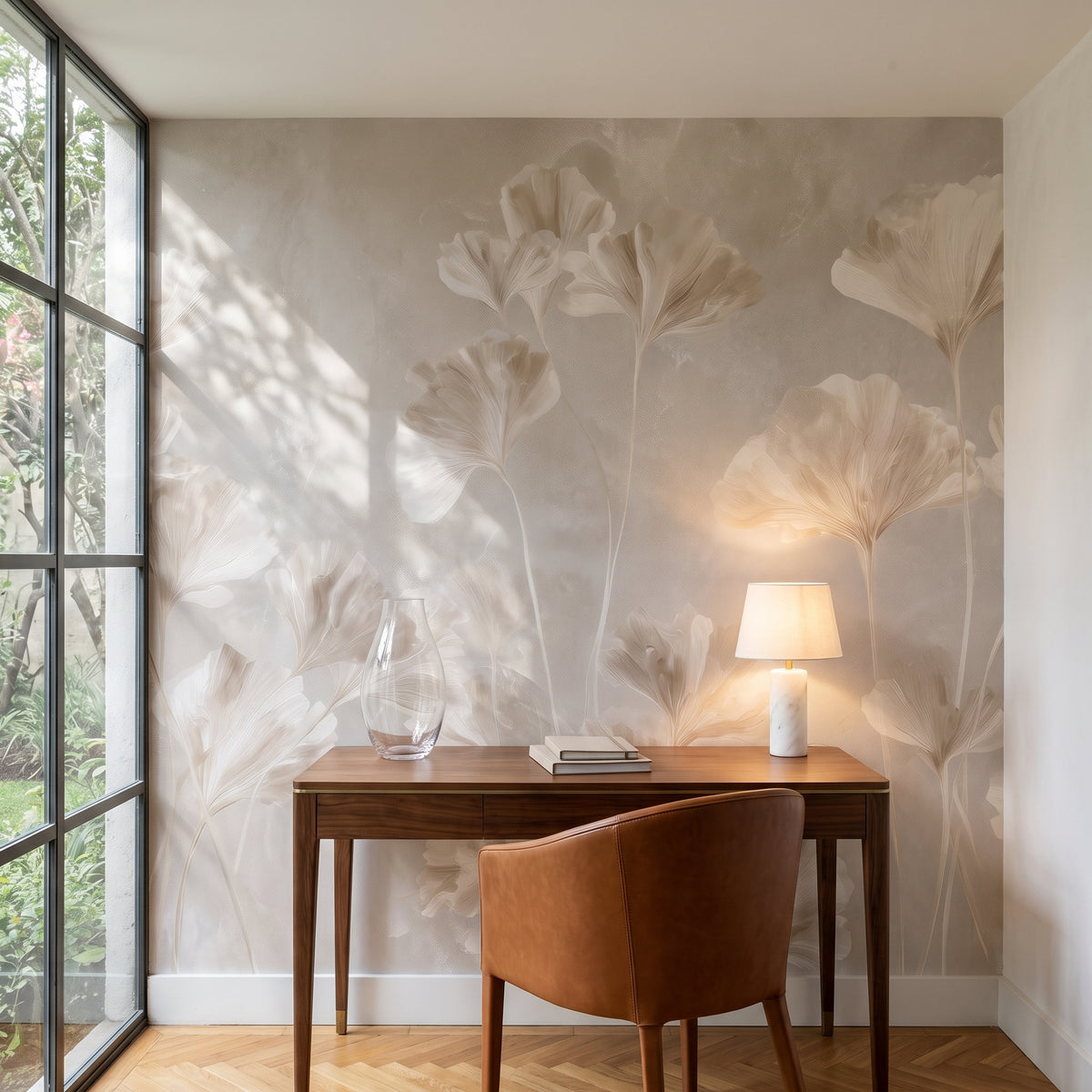 SELENITE – mise en scène : cabinet de travail d'une maison moderniste au Mexique, devant le mur un bureau en noyer et un fauteuil en cuir cognac
