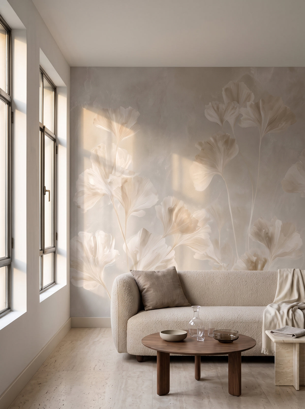 SELENITE – mise en scène : salon d'un appartement art déco de Buenos Aires, devant le mur un canapé bas en bouclé et une table en noyer