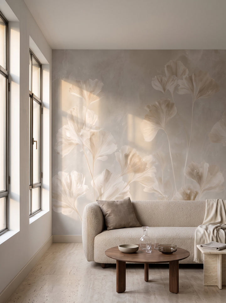 SELENITE nell'ambientazione di un soggiorno in un appartamento art déco a Buenos Aires: davanti alla parete un divano basso in bouclé e un tavolino in noce