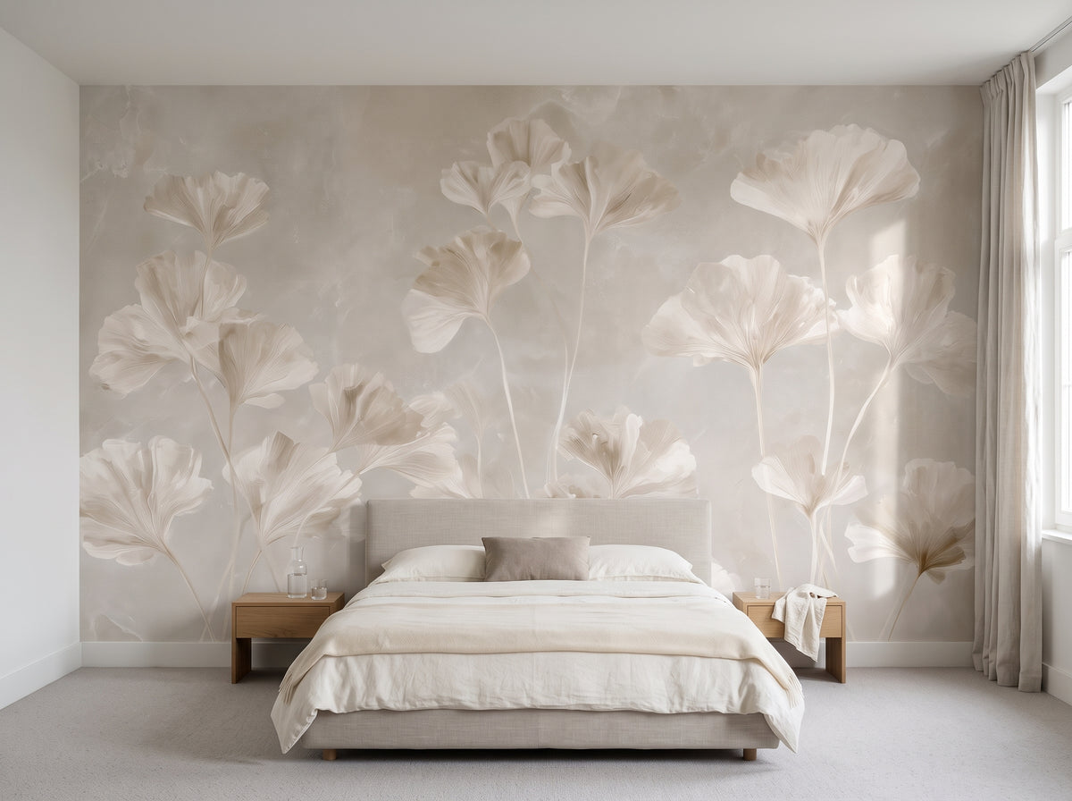 SELENITE – mise en scène : chambre d'un appartement du XIXe siècle à Gand, devant le mur un lit bas en lin et des tables de chevet en chêne