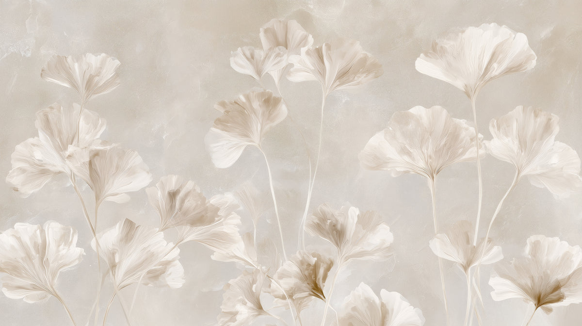 SELENITE – motif entier : trois groupes de feuilles de ginkgo blanches translucides sur un fond gris chaud marbré