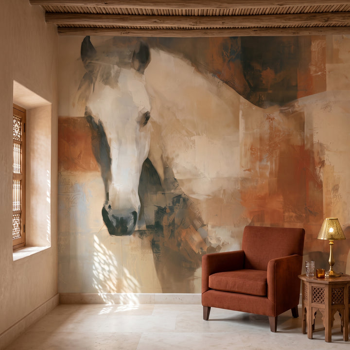 SIENNA STANCE en la ambientación de un salón de hotel: cabeza del caballo blanco junto a un sillón bajo en lana color óxido