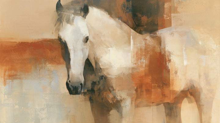 SIENNA STANCE – motivo completo: caballo blanco de hocico oscuro sobre una franja de siena óxido, beige y un rectángulo marrón oscuro