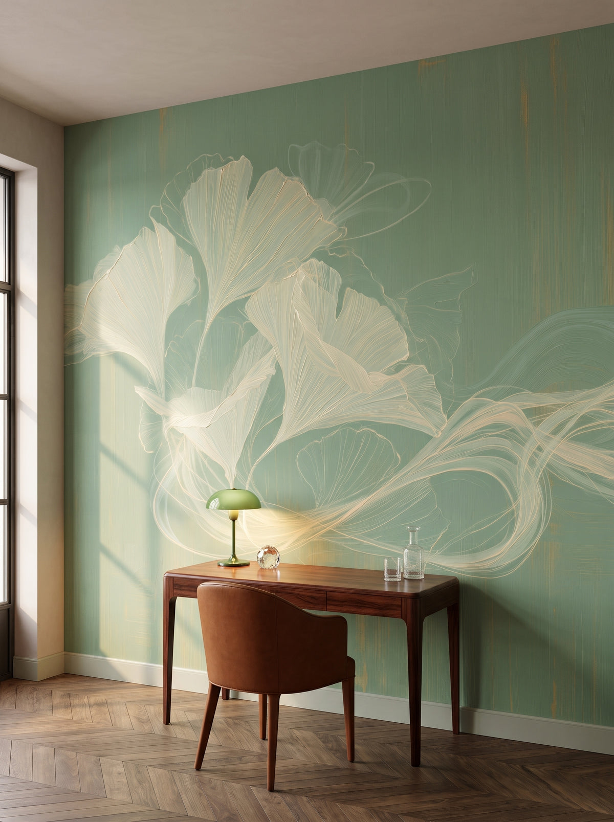 SILK LASSO in der Raumgestaltung eines Arbeitszimmers in einer Pariser Art-déco-Wohnung, davor ein Palisanderschreibtisch und ein cognacfarbener Stuhl