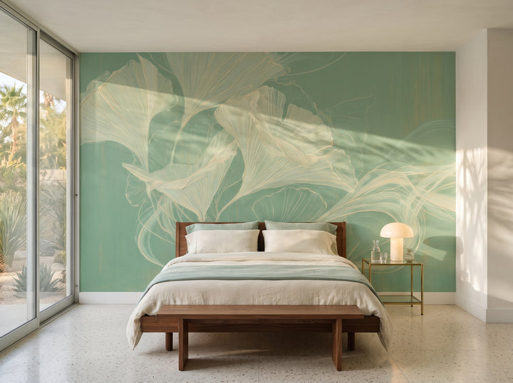 SILK LASSO w aranżacji sypialni w domu w Palm Springs, przed ścianą niskie orzechowe łóżko i mosiężny stolik nocny