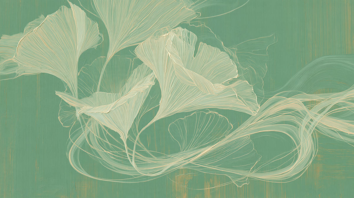Mustervorschau: SILK LASSO – das ganze Motiv: creme-mintgrüne Ginkgoblätter und Bänder aus feinen Linien in großen Schlingen auf jadegrünem Grund