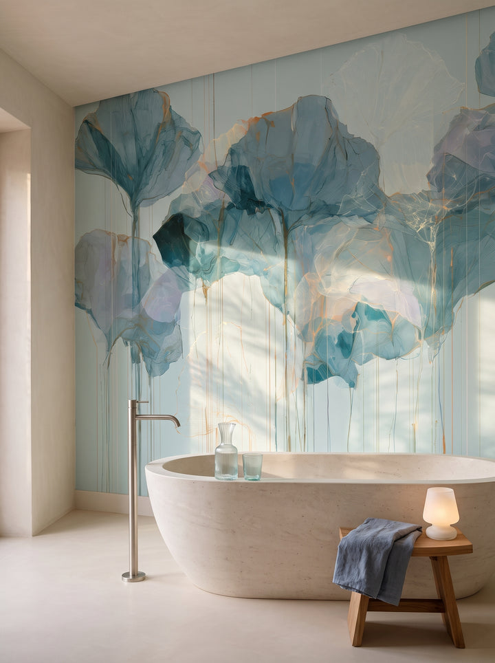 SLATE DRIZZLE mis en scène dans la salle de bain d'une villa à Marrakech, devant le mur une baignoire en pierre et un tabouret en cèdre