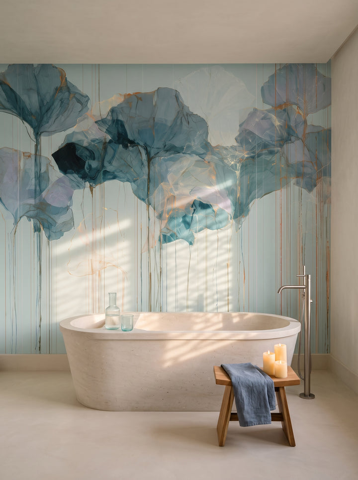 SLATE DRIZZLE mis en scène dans la salle de bain d'une villa à Marrakech, devant le mur une baignoire en pierre et un tabouret en cèdre