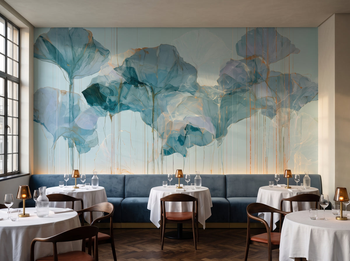 SLATE DRIZZLE mis en scène dans un restaurant Art déco à Shanghai, devant le mur une longue banquette en velours et des tables rondes