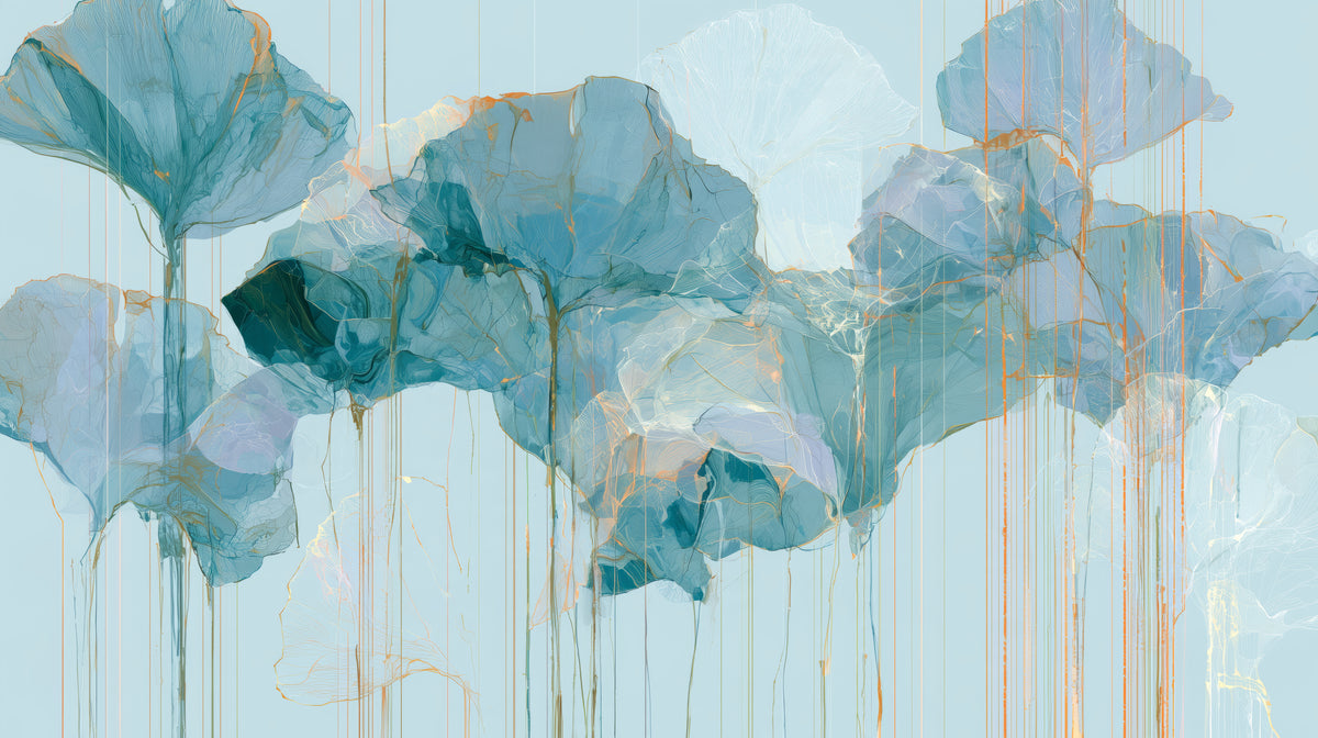 SLATE DRIZZLE – motif entier : nuage de feuilles de ginkgo gris-bleu et lignes verticales rouille qui coulent vers le bas