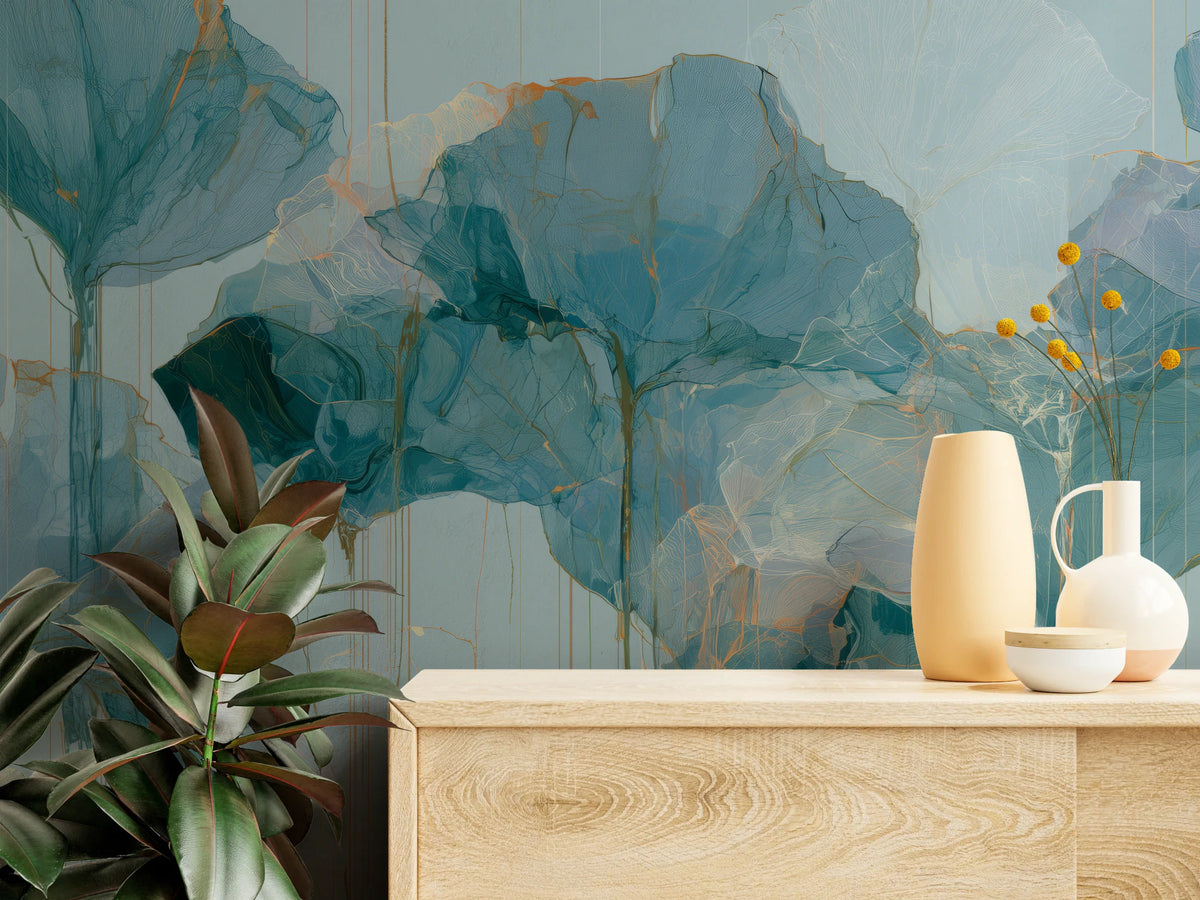 SLATE DRIZZLE de près – feuilles pétrole et fumées aux lignes rouille, derrière une commode avec des vases