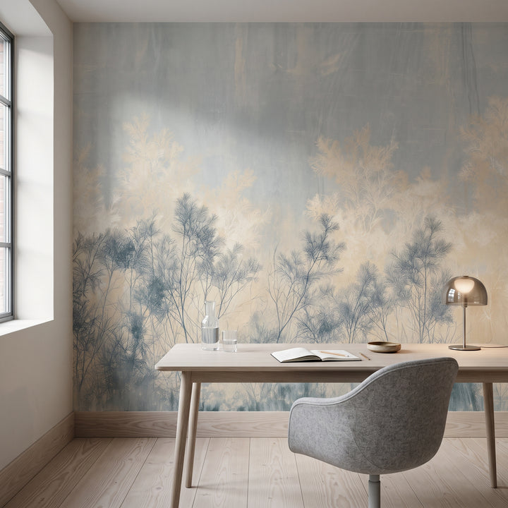 SLATE HEATH in a study setting in a Copenhagen design studio, with a low ash desk in front of the wall