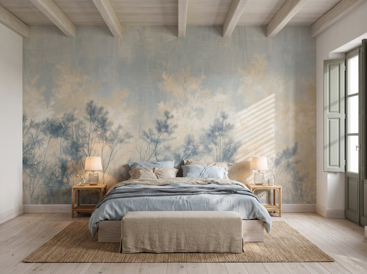 SLATE HEATH in a bedroom setting in a seaside house, with a low bed in powder blue bedding and rattan side tables in front of the wall