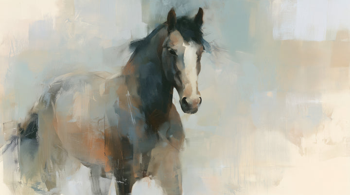 SMOKE AND UMBER, diseño completo: caballo oscuro con lista blanca que mira al frente sobre un fondo claro gris azulado y crema