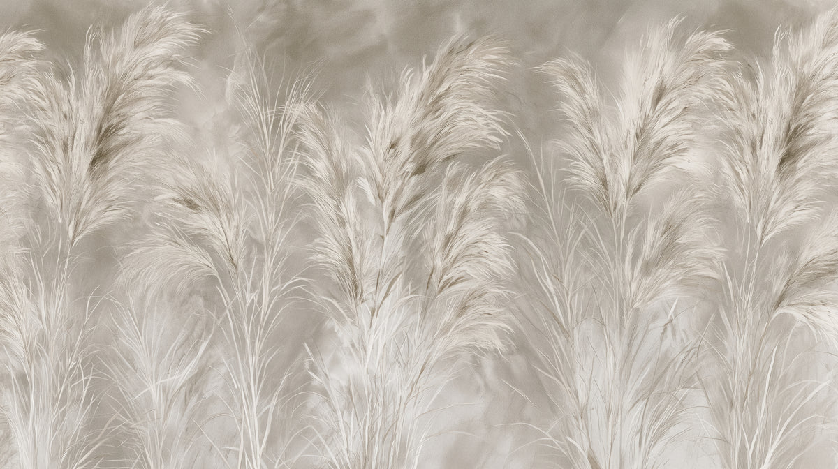 SMOKED FLANNEL – motivo intero: fitti pennacchi crema di erba della pampa su sfondo grigio-beige con striature fumose