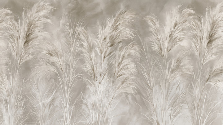 SMOKED FLANNEL – diseño completo: densos plumeros crema de hierba de la pampa sobre fondo gris beige con vetas ahumadas