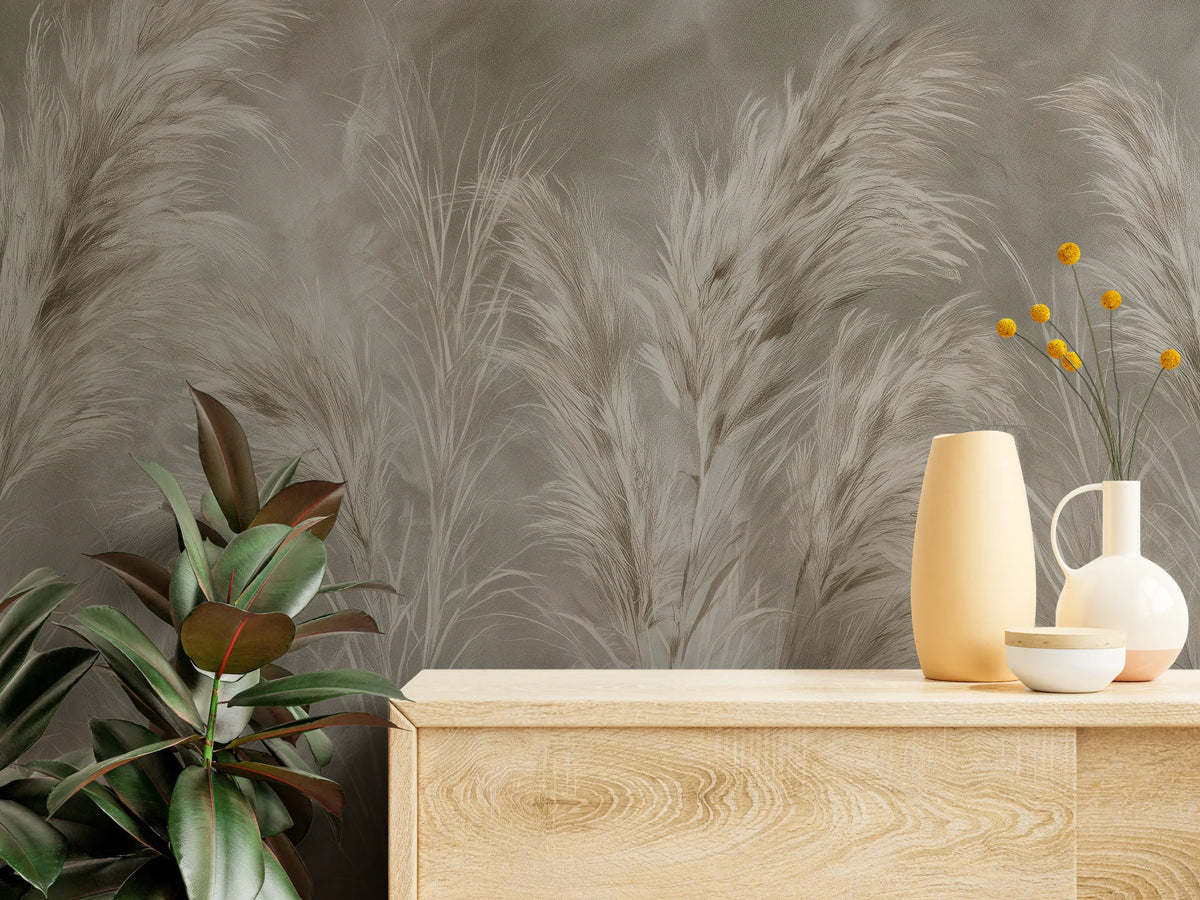 SMOKED FLANNEL da vicino sopra una cassettiera chiara – pennacchi piumosi e sfondo grigio-beige con texture pittorica