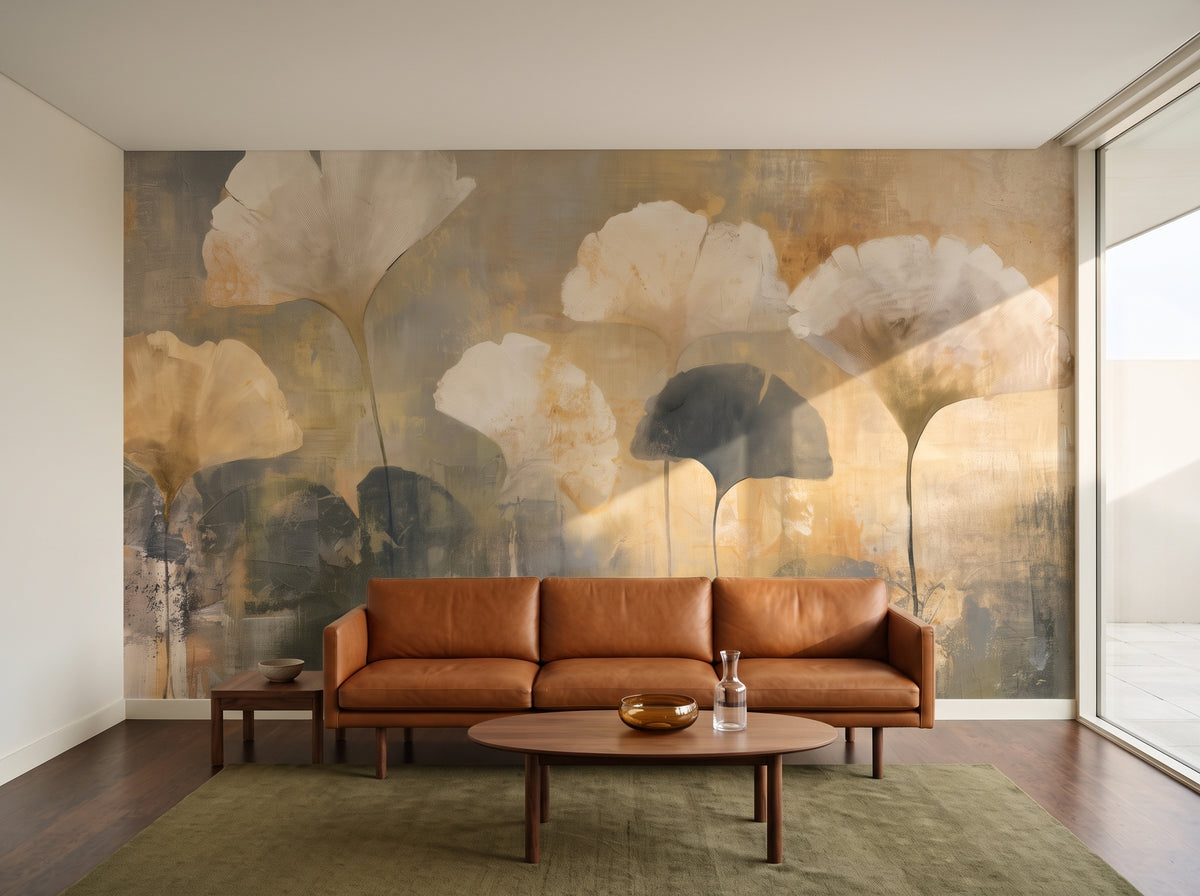 SMOKED HONEY als Raumgestaltung eines Wohnzimmers in einem Haus der Jahrhundertmitte in Melbourne, davor ein niedriges cognacfarbenes Sofa und ein Nussholztisch