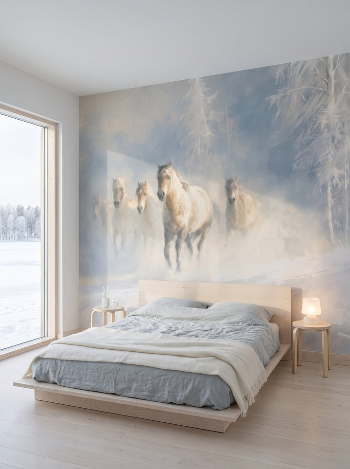 SNOW DRIFTERS en una ambientación de dormitorio: caballos en la bruma de nieve sobre una cama baja de abedul con ropa gris azulada